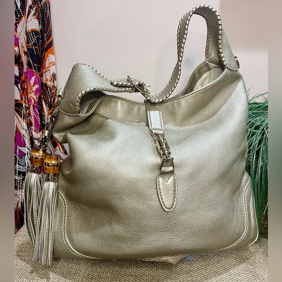 Gucci Handbags - Gucci Calfskin Jackie satchel in metallic silver leather with bamboo tassels